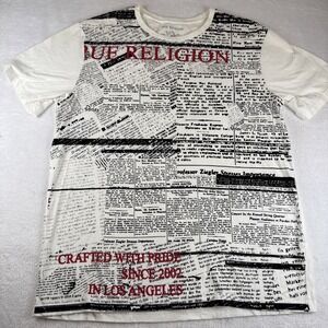 True Religion World Tour Men's XL White Tee Shirt Newspaper Print Grayscale